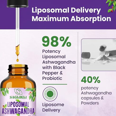 Liposomal Ashwagandha Liquid Drops - 2000mg with 7% Withanolides, Ashwagandha Root Extract Supplement with Black Pepper Extract & Probiotics for Stress, Focus, Cognition - 4 FL.OZ (2 Bottle) in Saudi Arabia