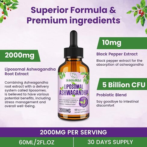 Liposomal Ashwagandha Liquid Drops - 2000mg with 7% Withanolides, Ashwagandha Root Extract Supplement with Black Pepper Extract & Probiotics for Stress, Focus, Cognition - 4 FL.OZ (2 Bottle) in Saudi Arabia
