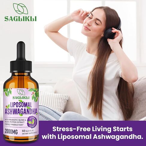 Liposomal Ashwagandha Liquid Drops - 2000mg with 7% Withanolides, Ashwagandha Root Extract Supplement with Black Pepper Extract & Probiotics for Stress, Focus, Cognition - 4 FL.OZ (2 Bottle) in Saudi Arabia