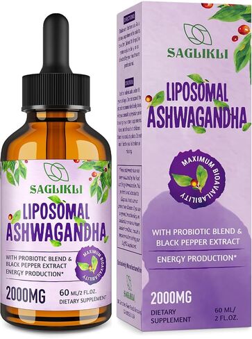 Liposomal Ashwagandha Liquid Drops - 2000mg with 7% Withanolides, Ashwagandha Root Extract Supplement with Black Pepper Extract & Probiotics for Stress, Focus, Cognition - 4 FL.OZ (2 Bottle) in Saudi Arabia