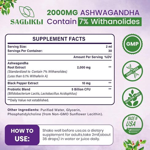 Liposomal Ashwagandha Liquid Drops - 2000mg with 7% Withanolides, Ashwagandha Root Extract Supplement with Black Pepper Extract & Probiotics for Stress, Focus, Cognition - 4 FL.OZ (2 Bottle) in Saudi Arabia