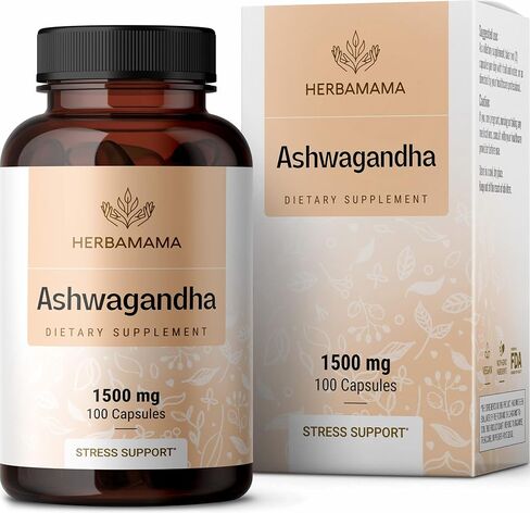 HERBAMAMA Ashwagandha Capsules - Stress Support, Deep Sleep, Focus & Natural Energy Supplements - Organic Withania Somnifera Root for Thyroid & Adrenal Support - 1500mg Non-GMO, Vegan 100 Caps in Saudi Arabia