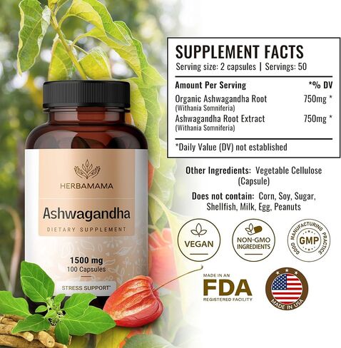 HERBAMAMA Ashwagandha Capsules - Stress Support, Deep Sleep, Focus & Natural Energy Supplements - Organic Withania Somnifera Root for Thyroid & Adrenal Support - 1500mg Non-GMO, Vegan 100 Caps in Saudi Arabia