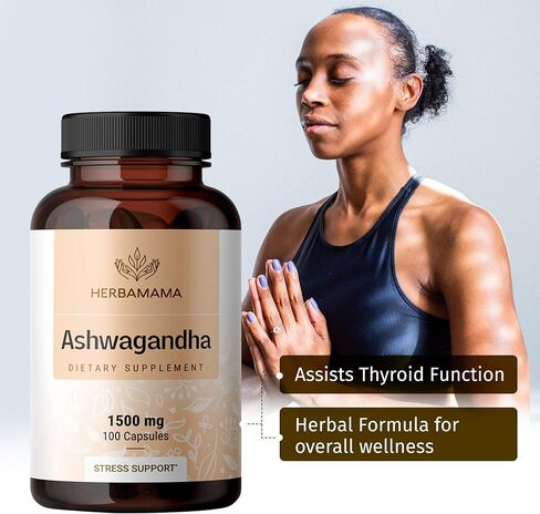 HERBAMAMA Ashwagandha Capsules - Stress Support, Deep Sleep, Focus & Natural Energy Supplements - Organic Withania Somnifera Root for Thyroid & Adrenal Support - 1500mg Non-GMO, Vegan 100 Caps in Saudi Arabia