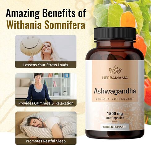HERBAMAMA Ashwagandha Capsules - Stress Support, Deep Sleep, Focus & Natural Energy Supplements - Organic Withania Somnifera Root for Thyroid & Adrenal Support - 1500mg Non-GMO, Vegan 100 Caps in Saudi Arabia