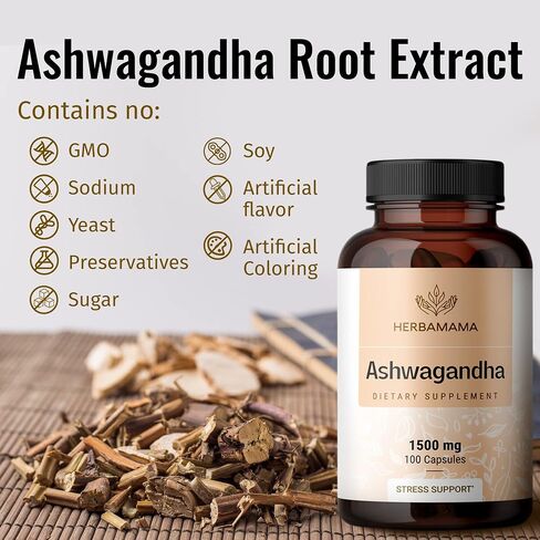 HERBAMAMA Ashwagandha Capsules - Stress Support, Deep Sleep, Focus & Natural Energy Supplements - Organic Withania Somnifera Root for Thyroid & Adrenal Support - 1500mg Non-GMO, Vegan 100 Caps in Saudi Arabia