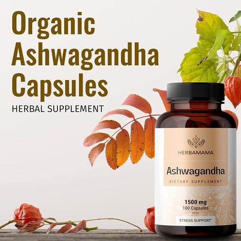 HERBAMAMA Ashwagandha Capsules - Stress Support, Deep Sleep, Focus & Natural Energy Supplements - Organic Withania Somnifera Root for Thyroid & Adrenal Support - 1500mg Non-GMO, Vegan 100 Caps in Saudi Arabia