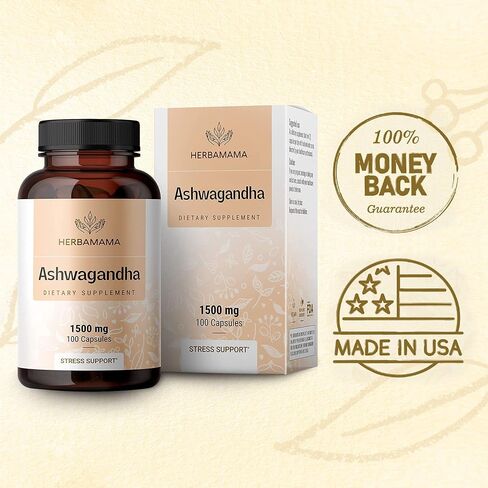 HERBAMAMA Ashwagandha Capsules - Stress Support, Deep Sleep, Focus & Natural Energy Supplements - Organic Withania Somnifera Root for Thyroid & Adrenal Support - 1500mg Non-GMO, Vegan 100 Caps in Saudi Arabia