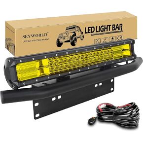 SKYWORLD 20 inch 288W Car Led Light Bar with 12V Toggle Wiring Harness Kit, Aluminum License Plate Mounting Bracket Holder for Off Road Truck SUV 4x4, 3000K Yellow Driving Fog Lights