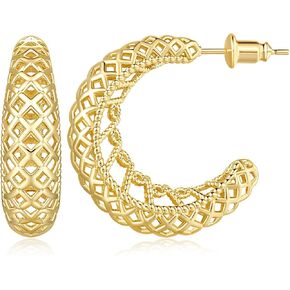 Gold Hoop Earrings 14K Gold Earrings for Women’s Hoop Earrings Crescent Mesh Hollow Hoop Earrings Push Back Thick Gold Hoops