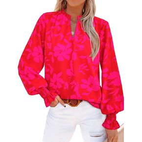 MASCOMODA Womens V Neck Floral Long Sleeve Tops 2024 Summer Casual Loose Puff Sleeve Chiffon Boho Work Blouse Dressy T Shirts
