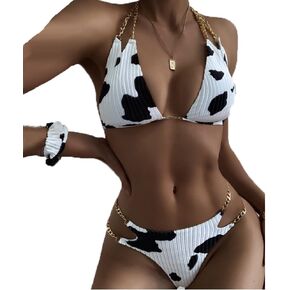 Spevert Two Piece Swimsuit Sexy Swimwear Halter String Triangle Bikini Sets Cow Print Metal Chain Strap Bikini Sets