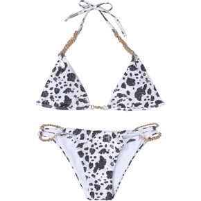 Spevert Two Piece Swimsuit Sexy Swimwear Halter String Triangle Bikini Sets Cow Print Metal Chain Strap Bikini Sets