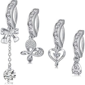 D.Bella 14G Clicker Belly Rings 316L Surgical Steel Dangle Belly Button Ring CZ Heart Butterfly Bow Teardrop Pendant Navel Rings Barbell Body Piercing Jewelry