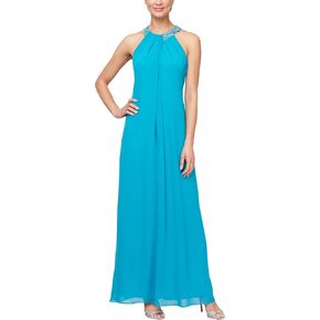 S.L. Fashions Women's Sleeveless Halter Neck Long Maxi Dress with Beaded Neckline (Petite and Regular Sizes)