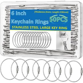 50 Pack Stainless Steel Wire Keychain 6 Inch Wire Keychain 2mm Wire Keychain Cable for Key Tags,Keyrings, Luggage Tags,ID Tag Keepers,Car Keys Stainless Steel Wire Rings Packed in Box