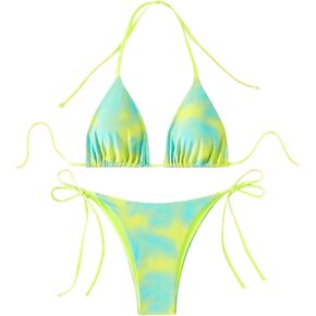 MakeMeChic Women's Tie Dye 2 Piece Triangle Halter Bikini Sets Tie Side Bathing Suit with Thongs