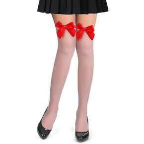 1 Pairs Bow Stockings White High Socks with Red Pink Bow,Over The Knee Socks for Women,Over Knee Long Stockings