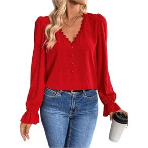 SweatyRocks Women's Long Sleeve Shirts Dressy Casual Lace Trim V Neck Tops for Work