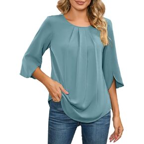 TASAMO Womens Fashion Spring Casual Scoop Neck Loose Top Elegant 3/4 Sleeve Chiffon Blouse Shirt Tops A- Blue