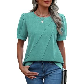 KevaMolly Tops for Women Dressy Casual: Spring Summer 2025 Trendy Short Sleeve Blouses Crewneck Losse Business Pleated Shirts