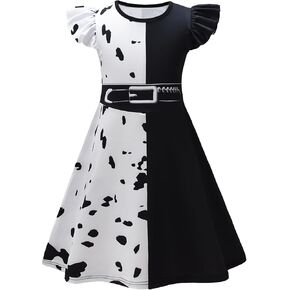AOVCLKID Black and White Cruella for Girls Cruella Deville Costume Halloween Party Cosplay Outfits