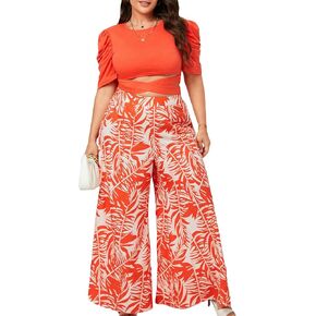 WDIRARA Women's 2 Piece Outfit Plus Size Crisscross Puff Short Sleeve Crop Tee And Tropical Print Wide Leg Pants Set