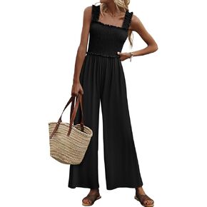 Women's Smocked Jumpsuits Casual Loose Sleeveless Wide Leg Long Pant Rompers Dressy One Piece Beach Vacation Outfits