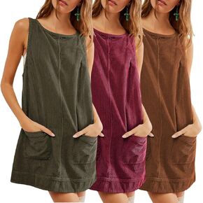 فستان قصير نسائي من 3 قطع مقاس S، فستان قصير برقبة دائرية، تنورة قصيرة للنساء مع جيوب (أخضر، أحمر نبيذي، بني) in Kuwait