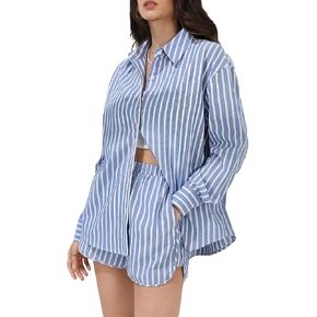 Verdusa Women's 2 Piece Outfits Striped Print Button Down Blouse and Boxer Shorts Set