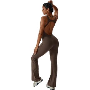 Flared Jumpsuits for Women Workout Yoga Seamless One Piece Tank Tops Square Neck Rompers Jumpsuits with Built-in Bra