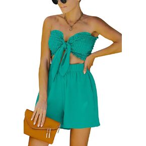 CHARTOU Women's Summer 2 Pieces Ruch Bandeau Crop Top Wide Leg Shorts Outfit Sets