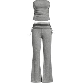 Milumia Women's 2 Piece Outfits Strapless Ruched Crop Tube Top and Bell Pants Sets