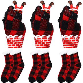 Suhine 3 Pairs Christmas Slipper Socks Christmas Cupcake Socks Women Fuzzy Adult Socks Winter Slipper Non Slip Socks Xmas Christmas Holiday Stocking Stuffers Gifts with Box