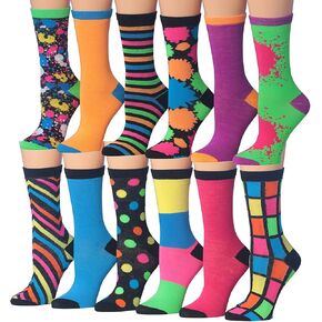Tipi Toe Women's 12 Pairs Lightweight Colorful Patterned Crew Socks Available in Sizes 9-13