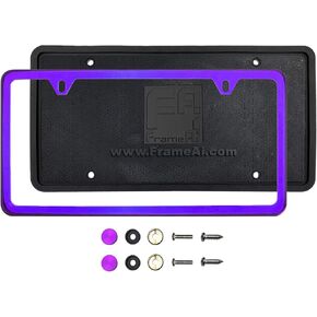 Silicone Back Guard Two Holes Slim License Plate Holder Purple Chrome Mirror License Plate Frame T304 Stainless Steel + Metal Screw Caps
