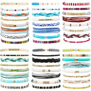 48 Pcs Surfer Heishi Bracelets Clay Beaded Bracelet Stackable Rainbow Friendship Preppy Bracelets Beach Summer Jewelry for Women