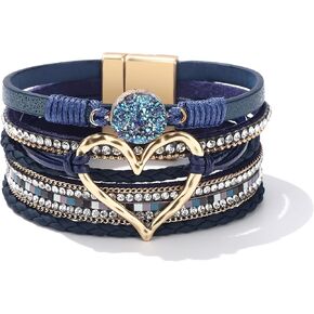 Long tiantian Heart Leather Wrap Bracelets for Women Handmade Stackable Boho Cuff Bangles Bracelet Trendy Valentines Gifts for Her