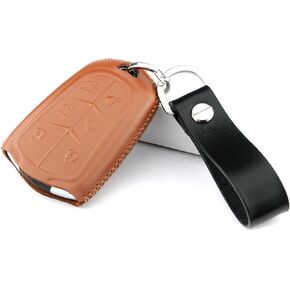 Leather Key Fob Cover compatible with Cadillac Escalade CTS SRX XT5 ATS STS CT6 ESV key fob (6 buttons Brown Leather)