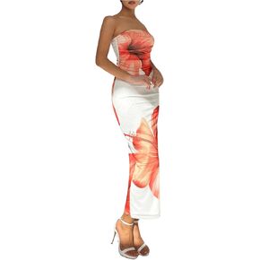 GORGLITTER Women's Floral Print Strapless Dress Y2k Sleeveless Backless Summer Tube Maxi Dress