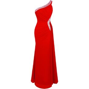 ANGEL FASHIONS Women's One Shoulder Ruching Beading Ribbon Soft Evening Gown Red Size 18