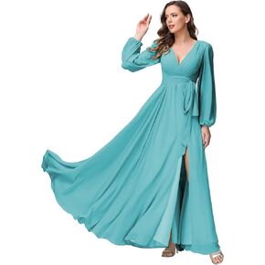 SYYS Long Sleeve Bridesmaid Dresses for Wedding with Slit Flowy Chiffon Formal Dresses with Pockets SYYS095