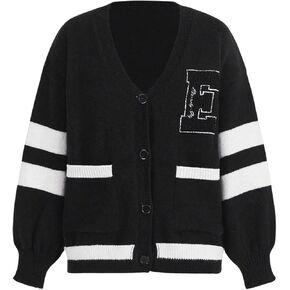 MakeMeChic Women's Letter Graphic V Neck Button Down Long Sleeve Sweater Oversized Striped Knit Cardigan