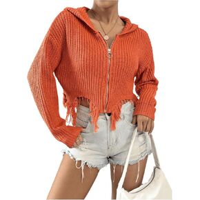 Women's Zip Up Hooded Cardigan Long Sleeve Drop Shoulder Asymmetric Hem Sweater