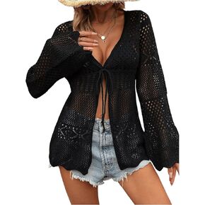 GORGLITTER Women's Crochet Tie Front Cardigan Sweaters Sheer Hollow Out Kimono Cardigans