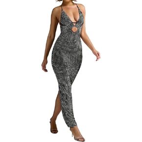 Maxi Formal Dresses for Women Wedding Guest Sexy Spaghetti Strap Sparkly Rhinestone Long Vestidos