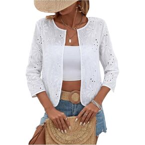 MakeMeChic Women's Eyelet Embroidery Open Front Cardigan Hollow Out 3/4 Length Sleeve Jacket