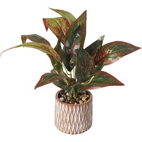 Deco 79 Faux Foliage Croton Artificial Plant with Geometric Patterned Pot and Decorative Pebbles, 10" x 13" x 14", Green