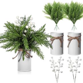 108 Pcs Christmas Greenery Stems with vase Christmas Pine Needles Branches with Berry Pick Artificial Plants Faux Pine Stems for Xmas Tree Tables Centerpiece Vase Fillers Decor (White)