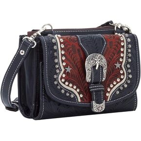 American West Western Leather Crossbody with Wallet for Women - Navy